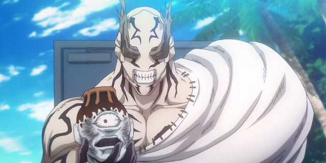 Los villanos de Jujutsu Kaisen: Mahito sonriente sosteniendo la cabeza de Jogo tras el Incidente de Shibuya