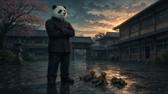 Panda con uniforme en un patio de escuela, muñecos de madera a sus pies — Jujutsu Kaisen
