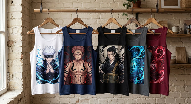 Camisetas de tirantes Jujutsu Kaisen: cinco camisetas de tirantes estampadas de Gojo, Sukuna y Geto colgadas en perchas delante de un muro de ladrillos