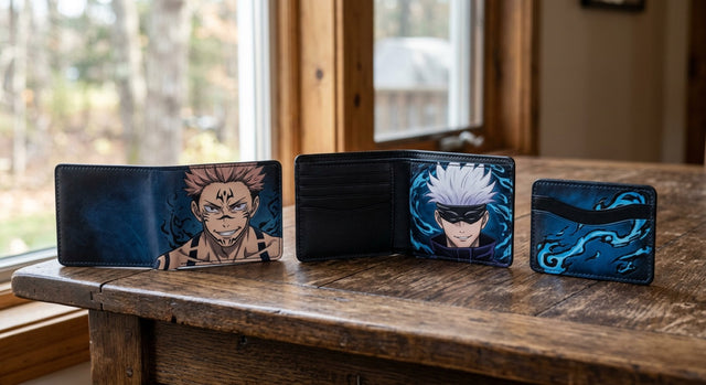 Carteras Jujutsu Kaisen: cartera plegable de Sukuna, cartera abierta de Gojo y tarjetero con motivos de energía azul sobre una mesa de madera