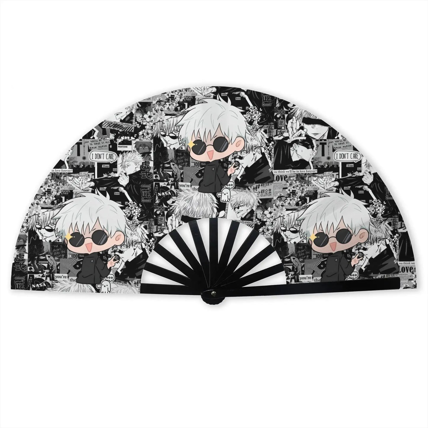 Éventail pliant noir et blanc chibi Gojo, lunettes, motif imprimé