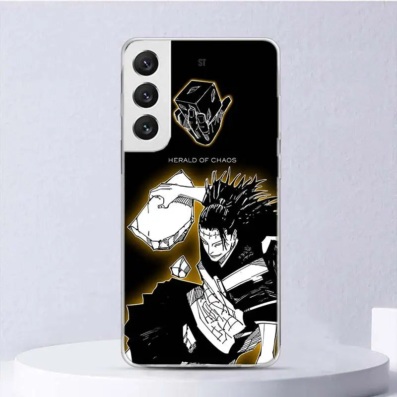 Coque Samsung Jujutsu Kaisen Kenjaku Héraut du Chaos : coque de téléphone Samsung noire avec illustration Kenjaku «Héraut du Chaos».