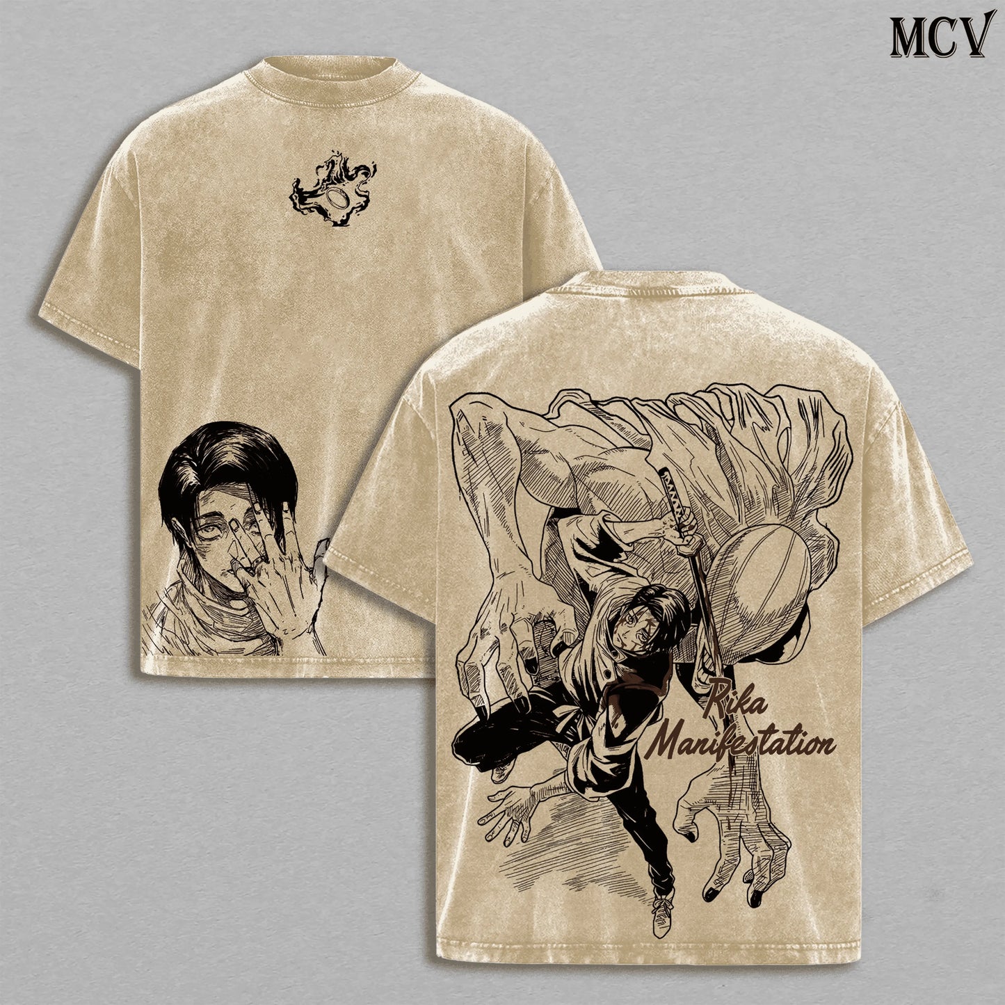T-shirt imprimé beige, face et dos avec personnages au trait façon manga