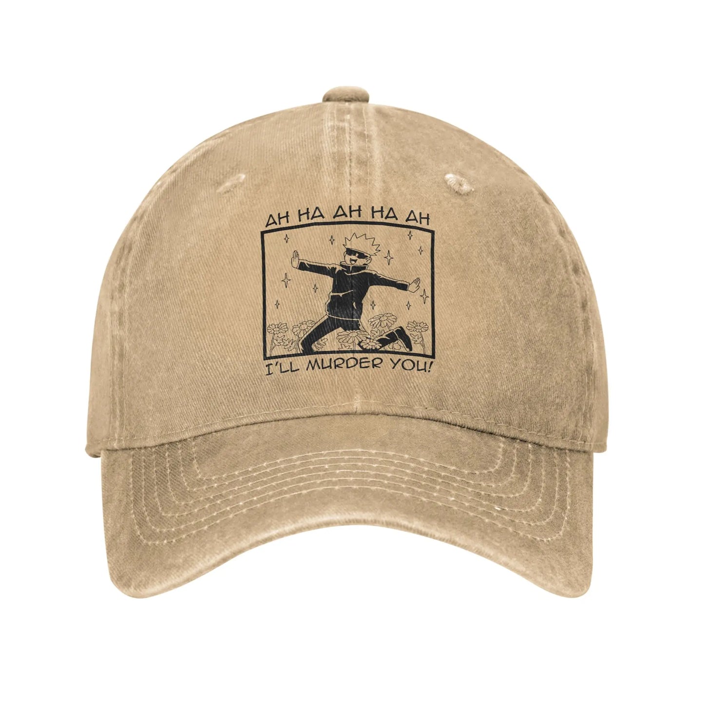 Casquette beige avec grand motif central et texte « I'LL MURDER YOU! »