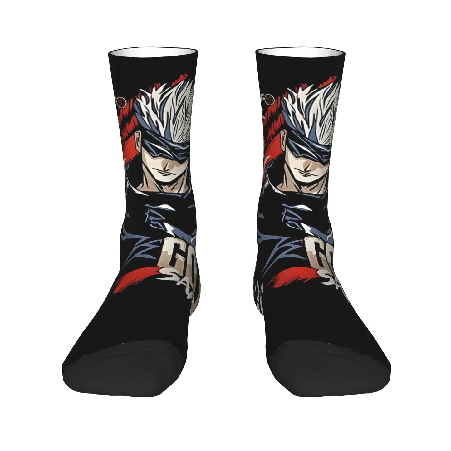 Chaussettes noires à motif anime rouge et blanc sur la tige.