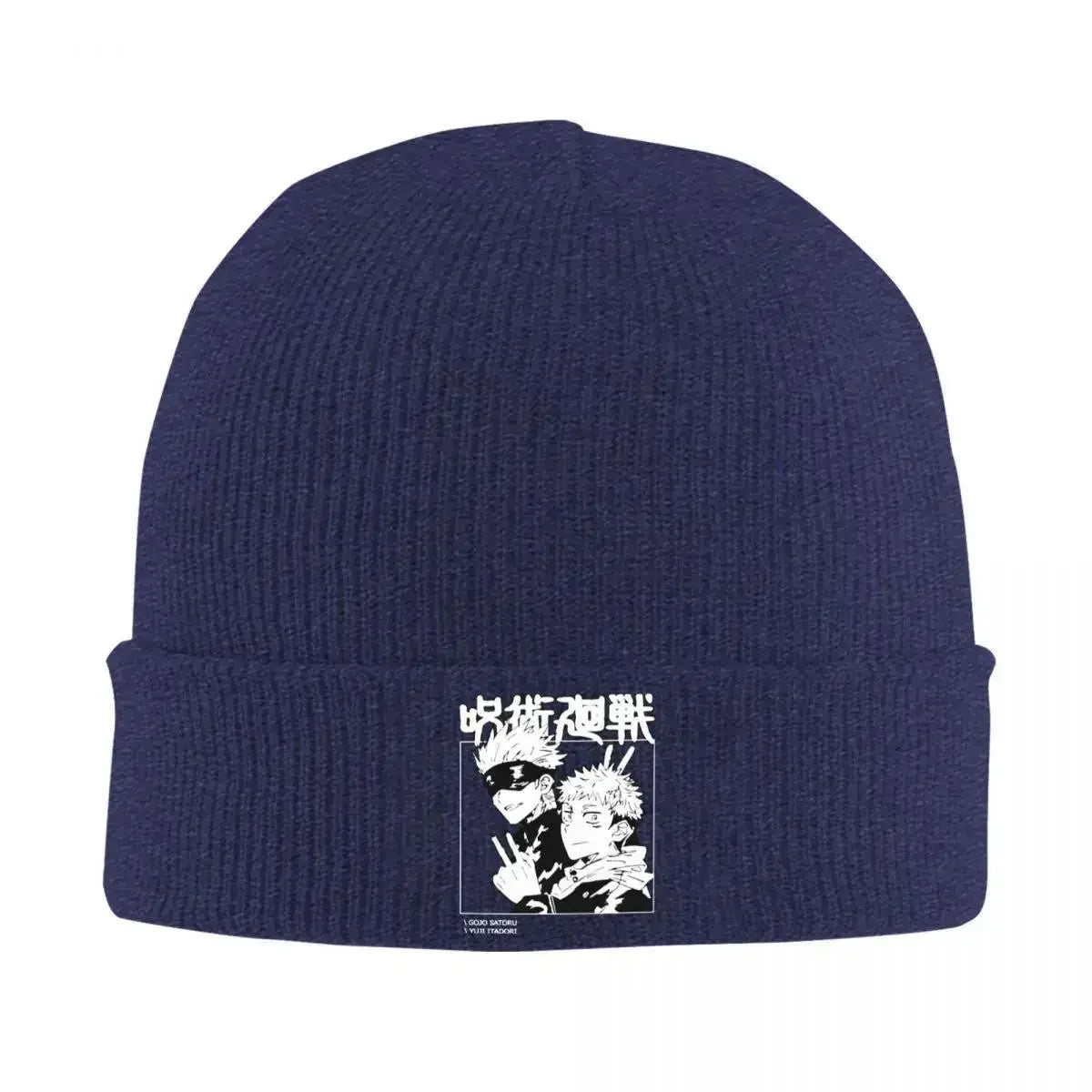 Bonnet en maille bleu marine avec revers côtelé et patch imprimé
