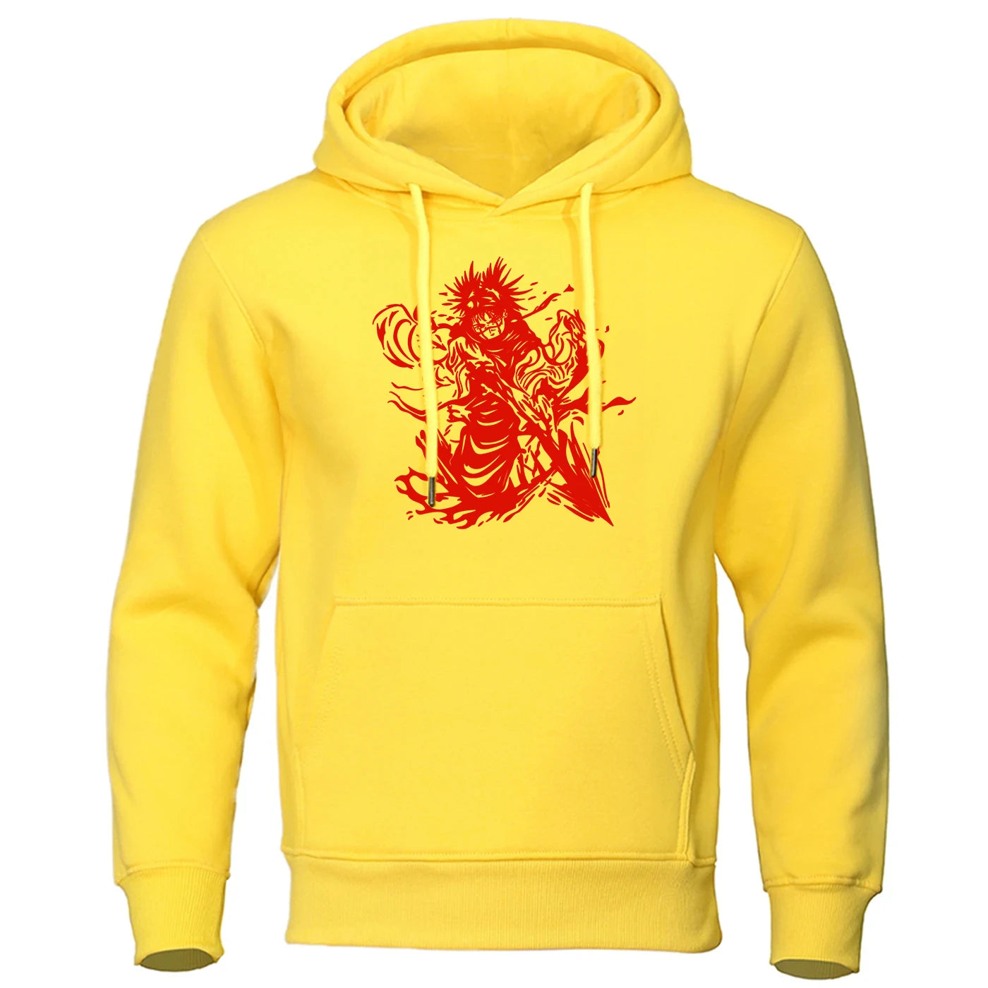 Sweat à capuche jaune avec grand motif rouge au centre et poche kangourou.