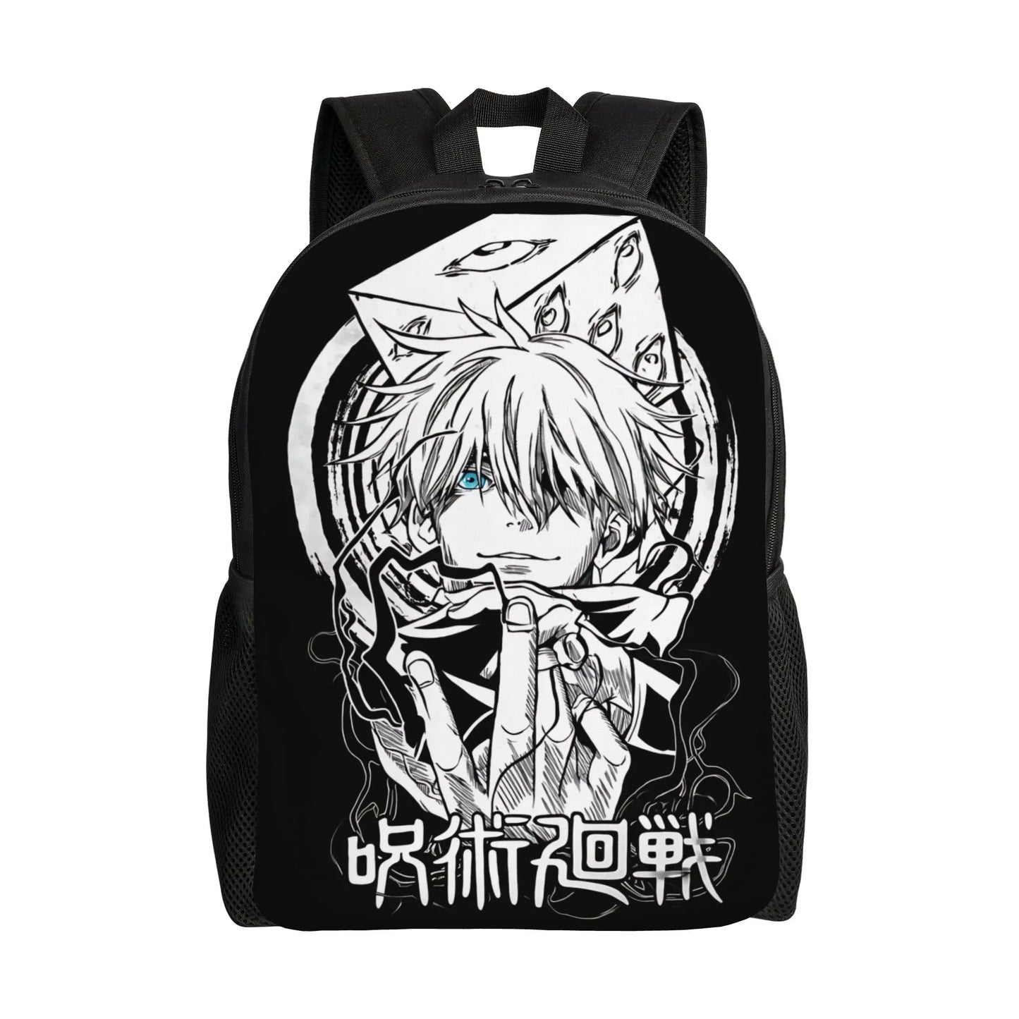 Sac à dos noir avec grand visuel manga de personnage et bretelles réglables