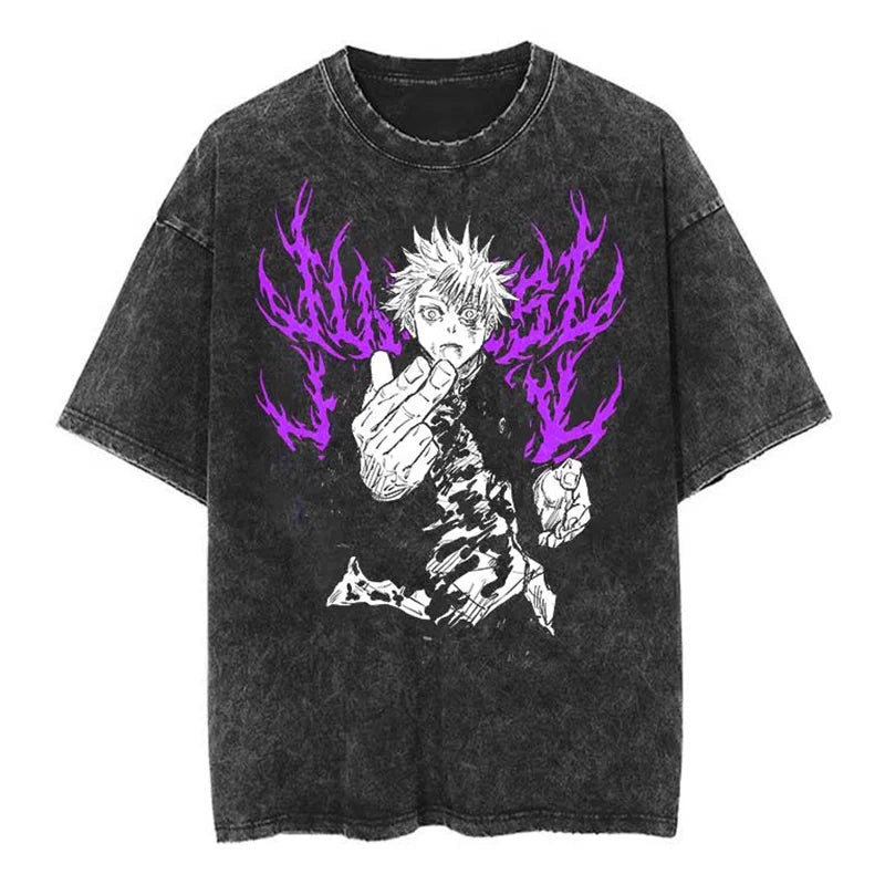 T-shirt noir Jujutsu Kaisen Gojo avec illustration violette et flammes, col rond