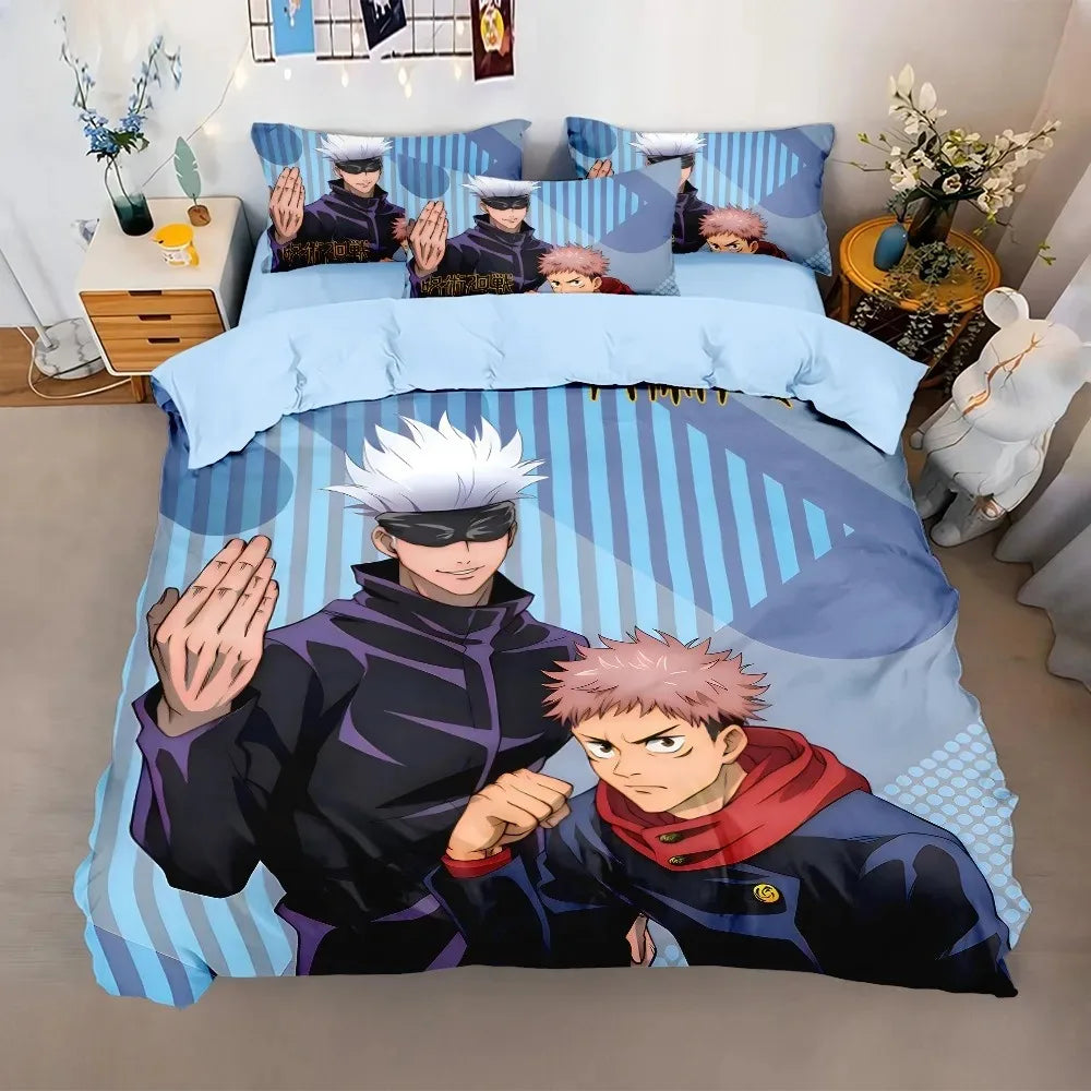 Parure de lit avec housse bleue rayée et personnages d’anime, style duo