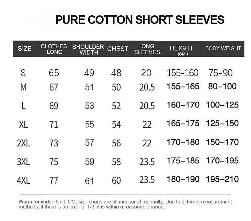 Tableau des tailles du t-shirt coton manches courtes : S à 4XL, hauteur et poids