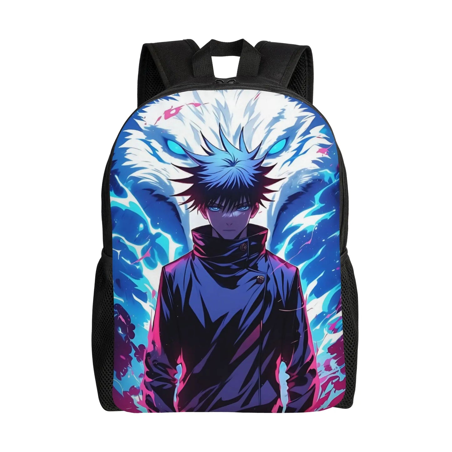 Sac à dos Jujutsu Kaisen noir avec illustration bleue d’un personnage anime