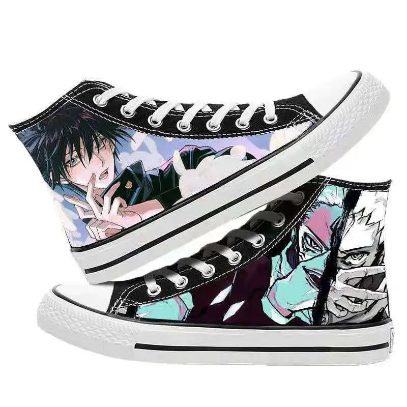 Chaussure Jujutsu Kaisen Duels Exorcistes à tige noire imprimée personnages, lacets blancs.