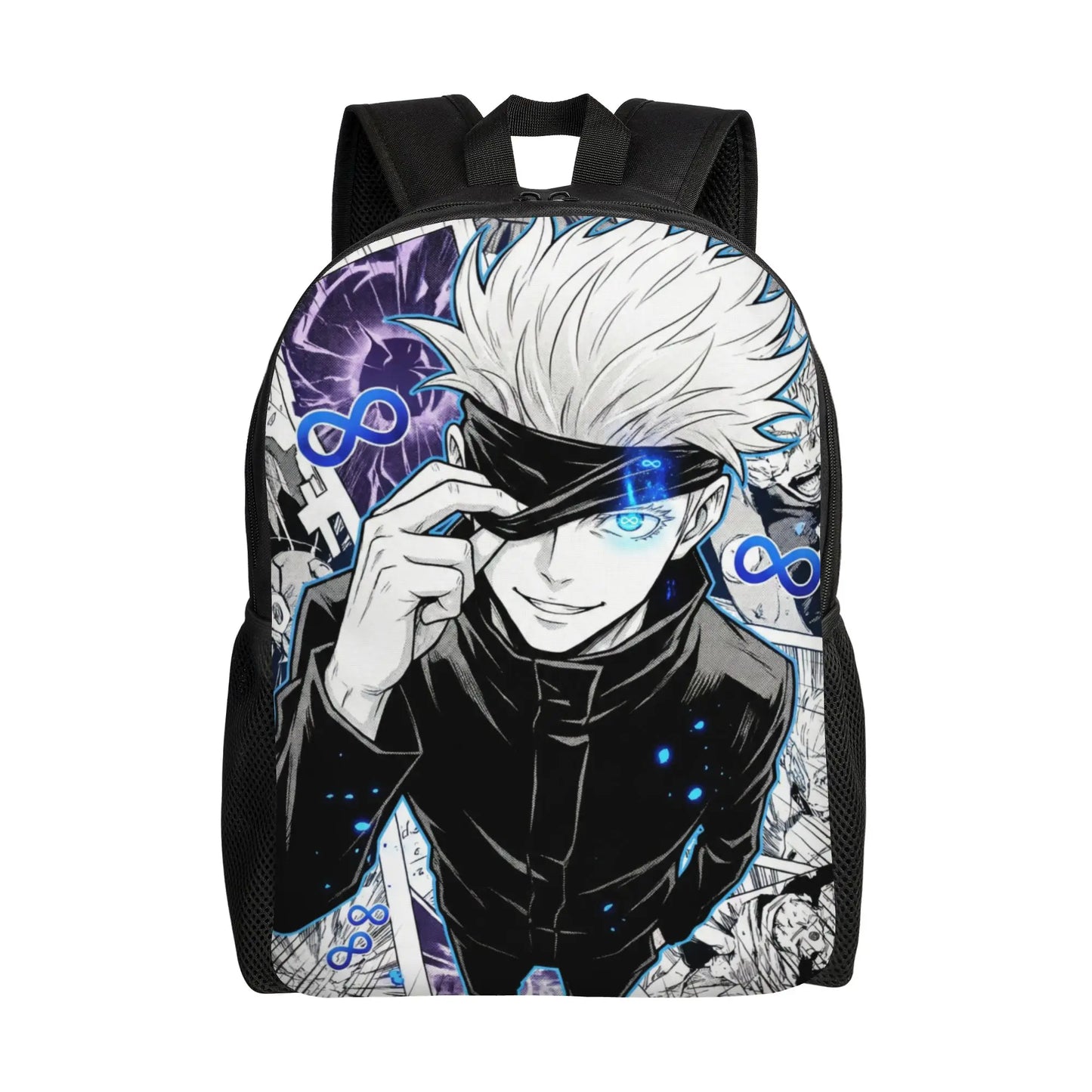 Sac à dos noir avec visuel anime Gojo, bretelles et poche avant