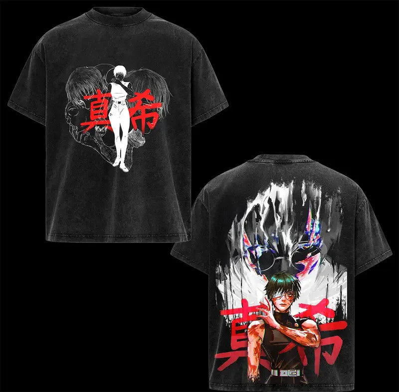 T-shirt noir à imprimé graphique devant et dos, manches courtes