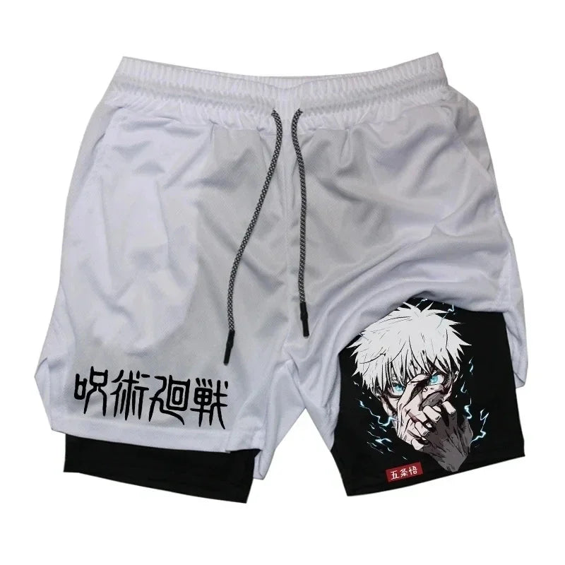 Short Jujutsu Kaisen Gojo Gris Main sur le Visage : gris avec imprimé visage et bande noire sur le côté