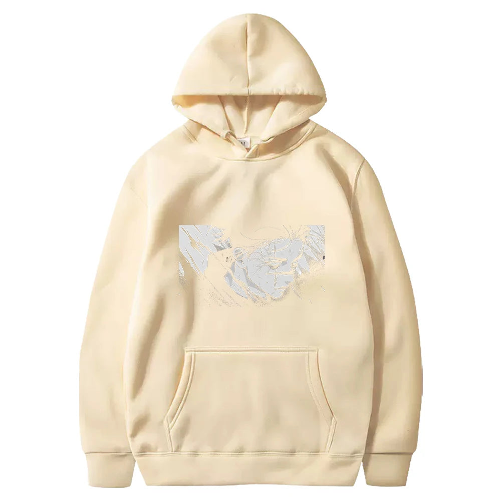 Sweat à capuche beige Jujutsu Kaisen Choso, portrait imprimé devant, poche kangourou.