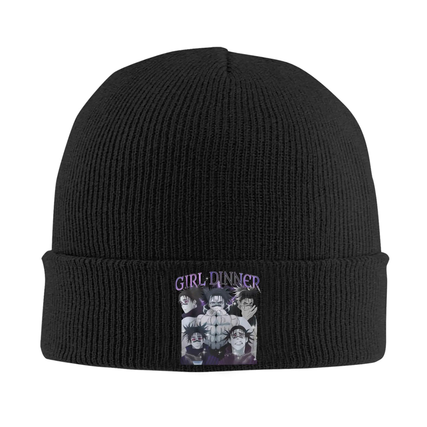 Bonnet Jujutsu Kaisen Choso Girl Dinner : en maille noire avec badge «GIRL DINNER» et impression de personnages