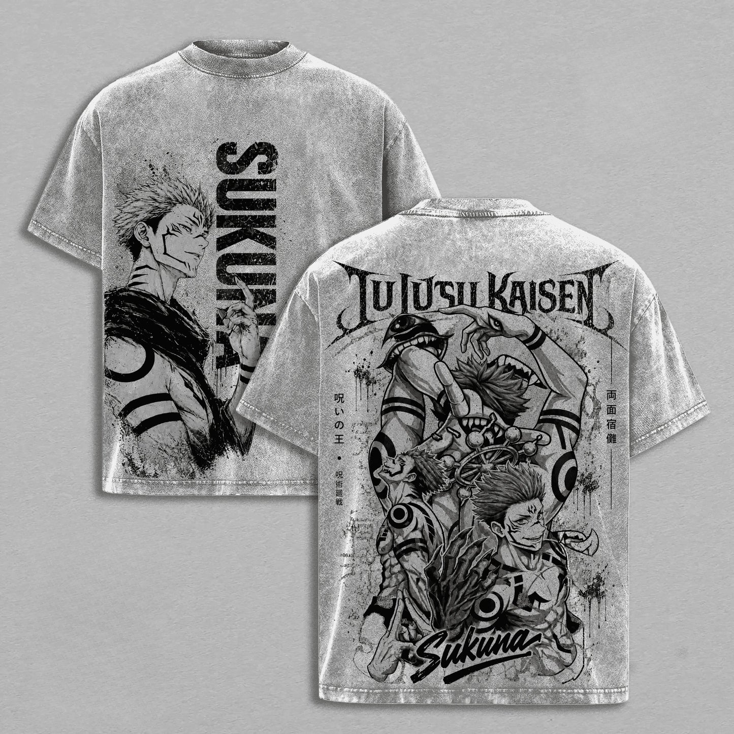 T-shirt col rond gris clair vintage, impression Sukuna devant et motif au dos.