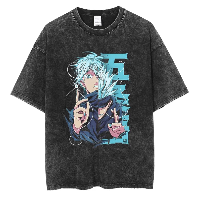 T-shirt Jujutsu Kaisen Gojo Visage Coupé Bleu : coton gris foncé avec grand visuel bleu de Gojo sur le devant