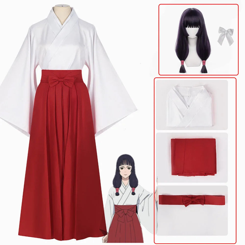 Ensemble de cosplay avec perruque : kimono blanc et jupe rouge plissée, ruban et tenue assortie.