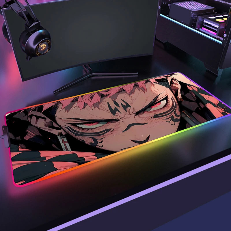 Tapis de souris RGB avec illustration anime et bord lumineux multicolore