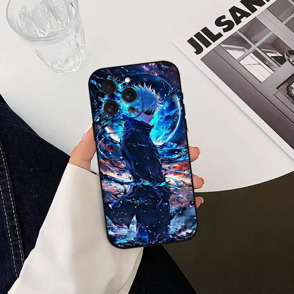 Coque de téléphone bleue avec motif Jujutsu Kaisen, personnage au sabre