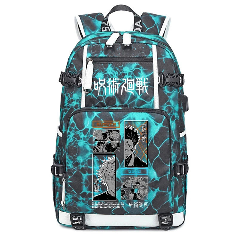 Sac à dos bleu turquoise avec motif en éclairs, poches frontales zippées et bretelles noires.