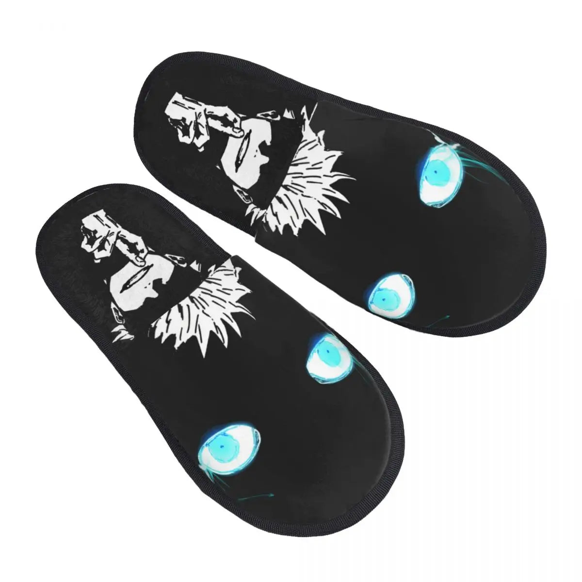 Paire de chaussons noirs à motif manga, yeux bleus lumineux sur la semelle