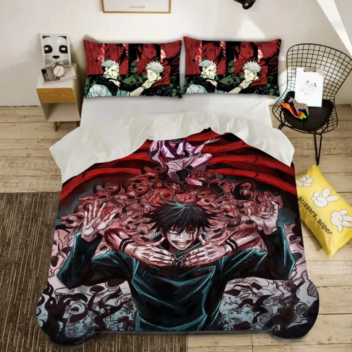 Parure de lit rouge et noir, housse et taies décorées d’illustrations de personnages manga