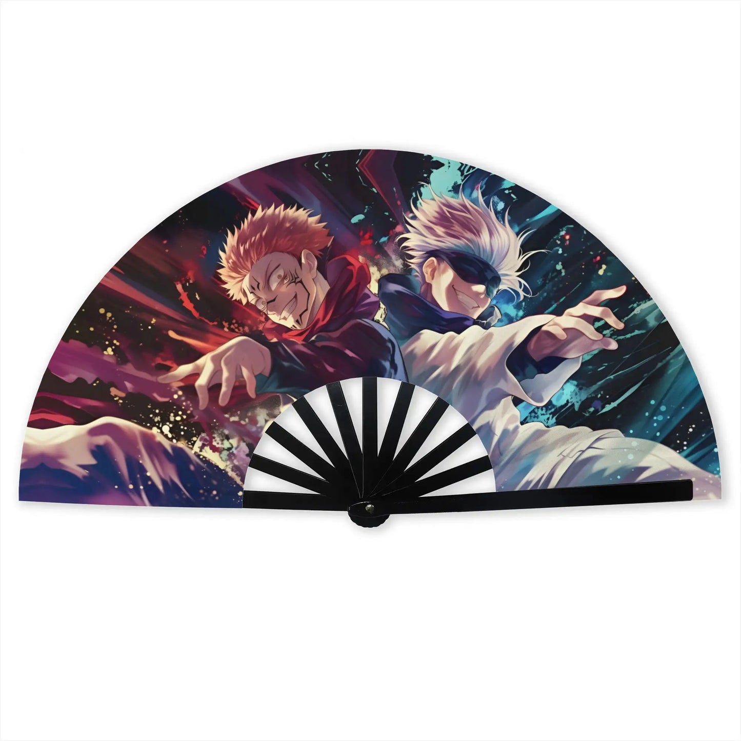 Éventail Jujutsu Kaisen Affrontement Six Eyes x Roi Des Fléaux : pliant noir et blanc avec illustration d’anime et deux personnages