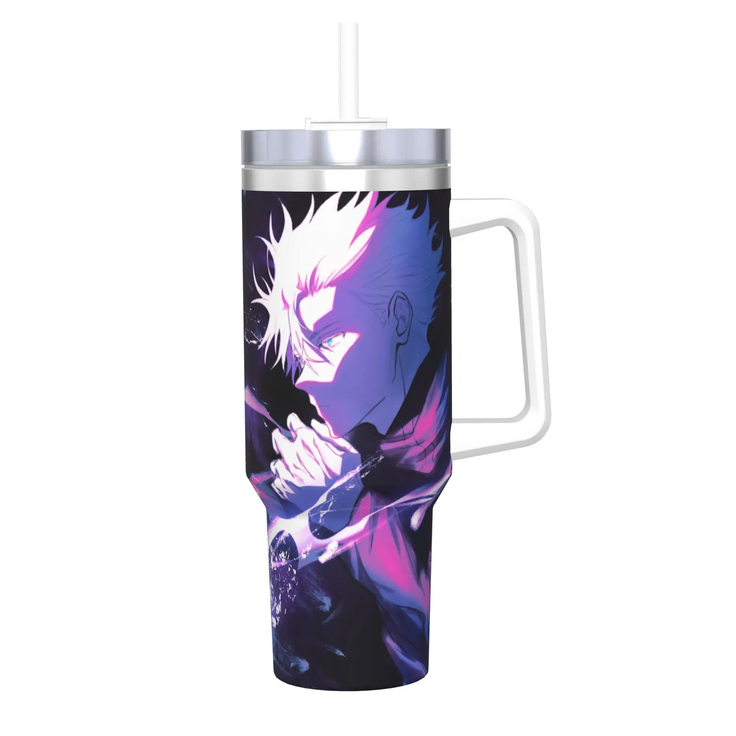 Gourde isotherme acier, motif violet personnage anime, couvercle argent, anse