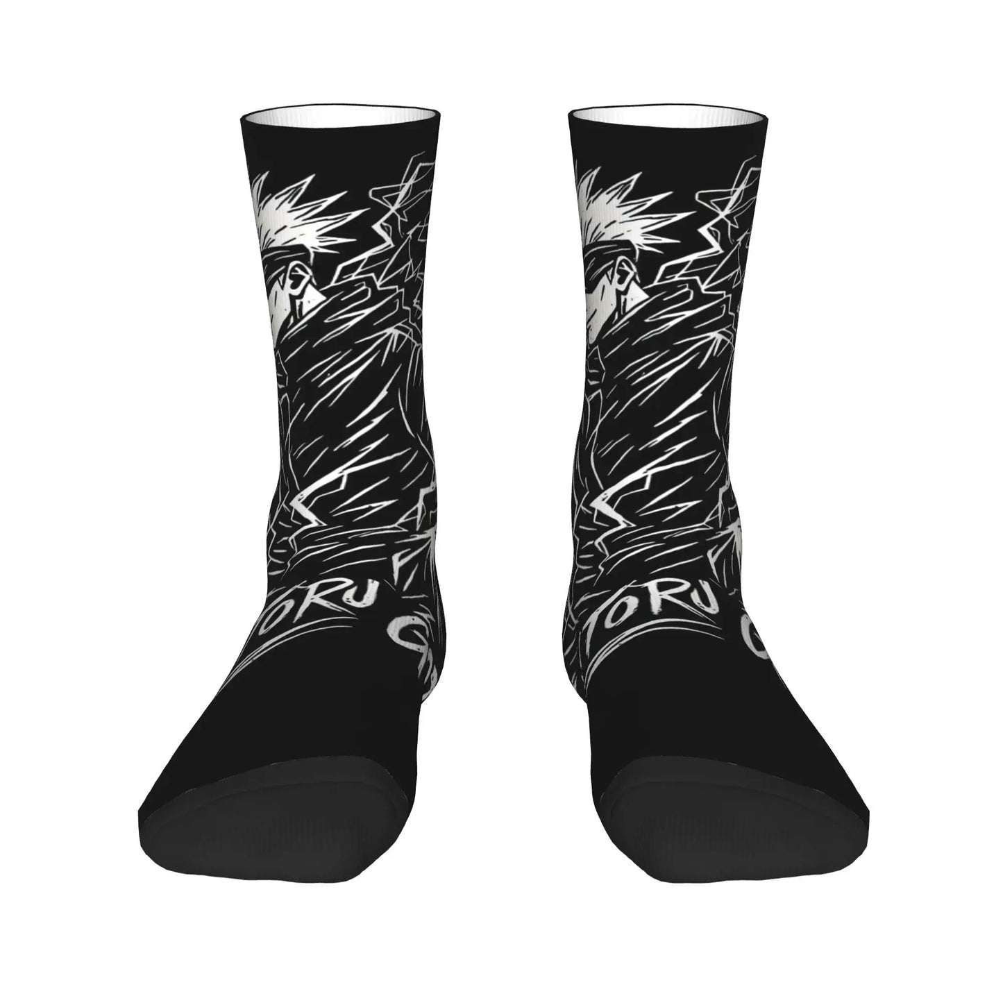 Paire de chaussettes noires Gojo avec motif manga blanc et tiges hautes.