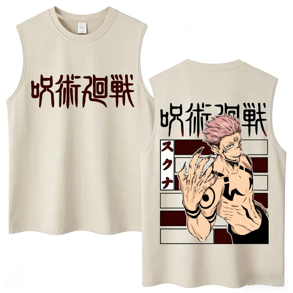 Débardeur Jujutsu Kaisen Sukuna Katakana Briques : sans manches beige avec grande impression Sukuna Katakana et personnage au dos.