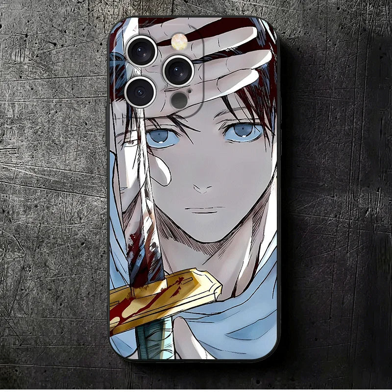 Coque iPhone avec visuel anime Yuta : portrait bleu et noir, contours rouges et blancs