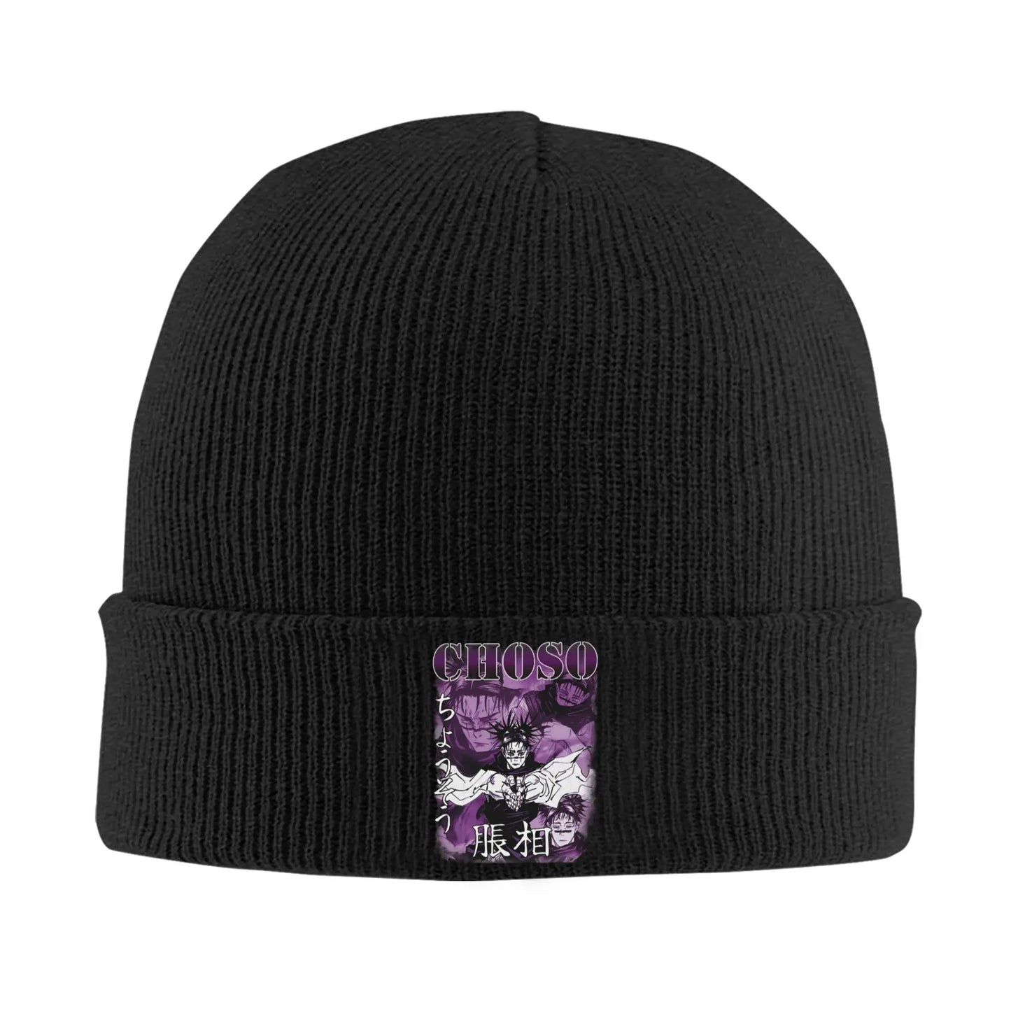 Bonnet Jujutsu Kaisen Choso Affiche Violette : tricot noir avec appliqué violet Choso