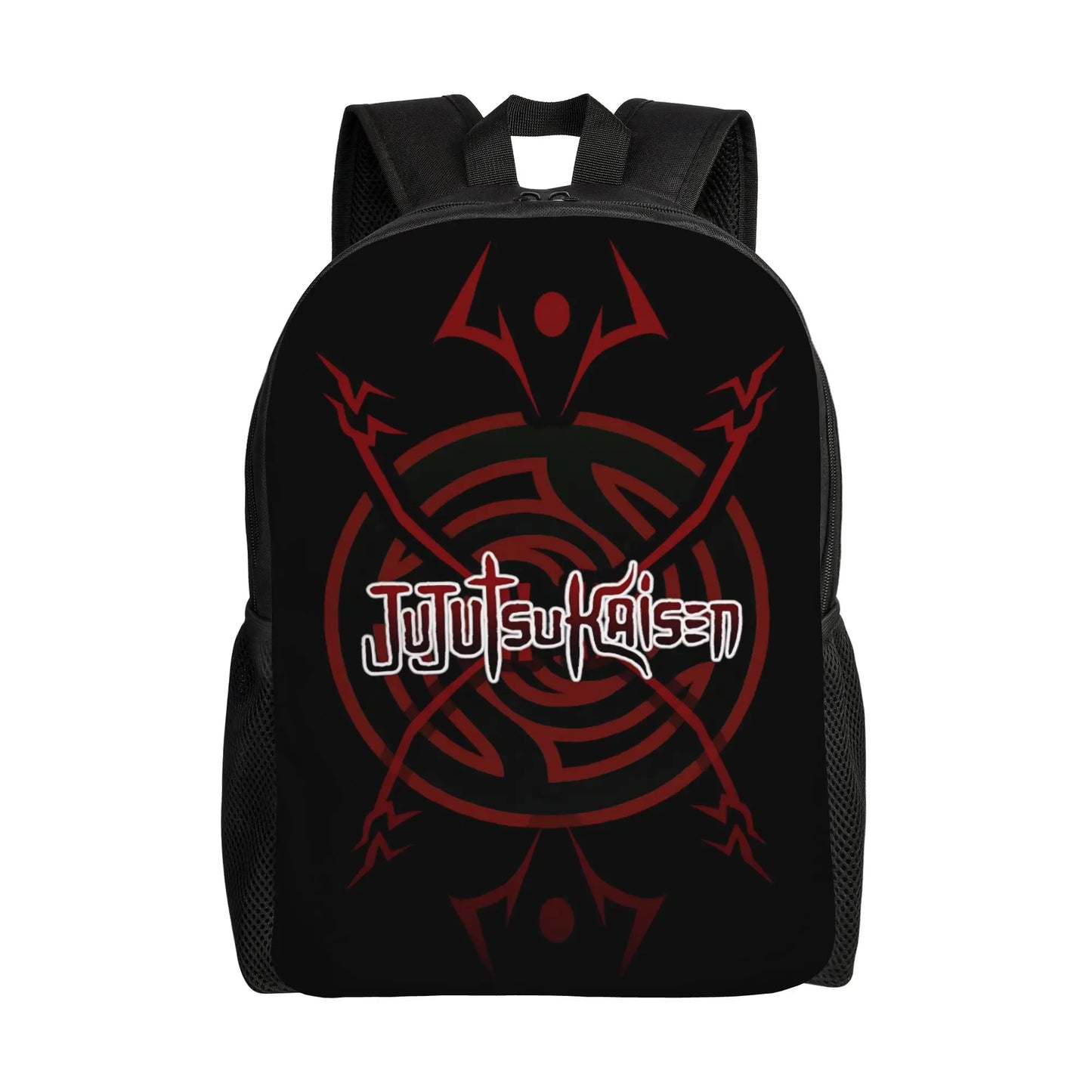 Sac à dos noir avec symbole rouge, bretelles et panneau avant imprimé.
