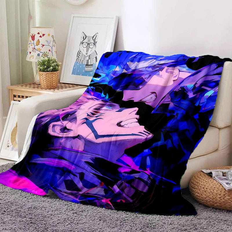 Couverture plaid violette et bleue avec visages illustrés