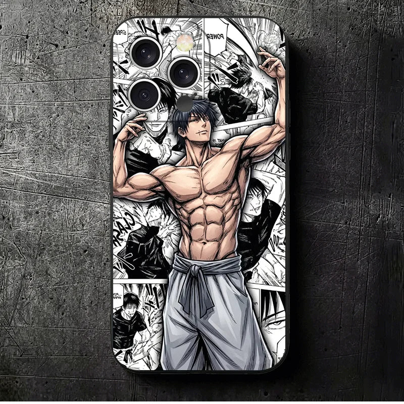 Coque iPhone noire avec illustration Toji en noir et blanc, dos renforcé et ouvertures caméra.
