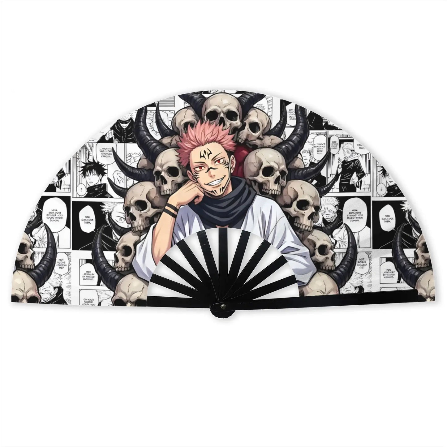 Éventail pliable noir et blanc au motif crânes et personnage anime