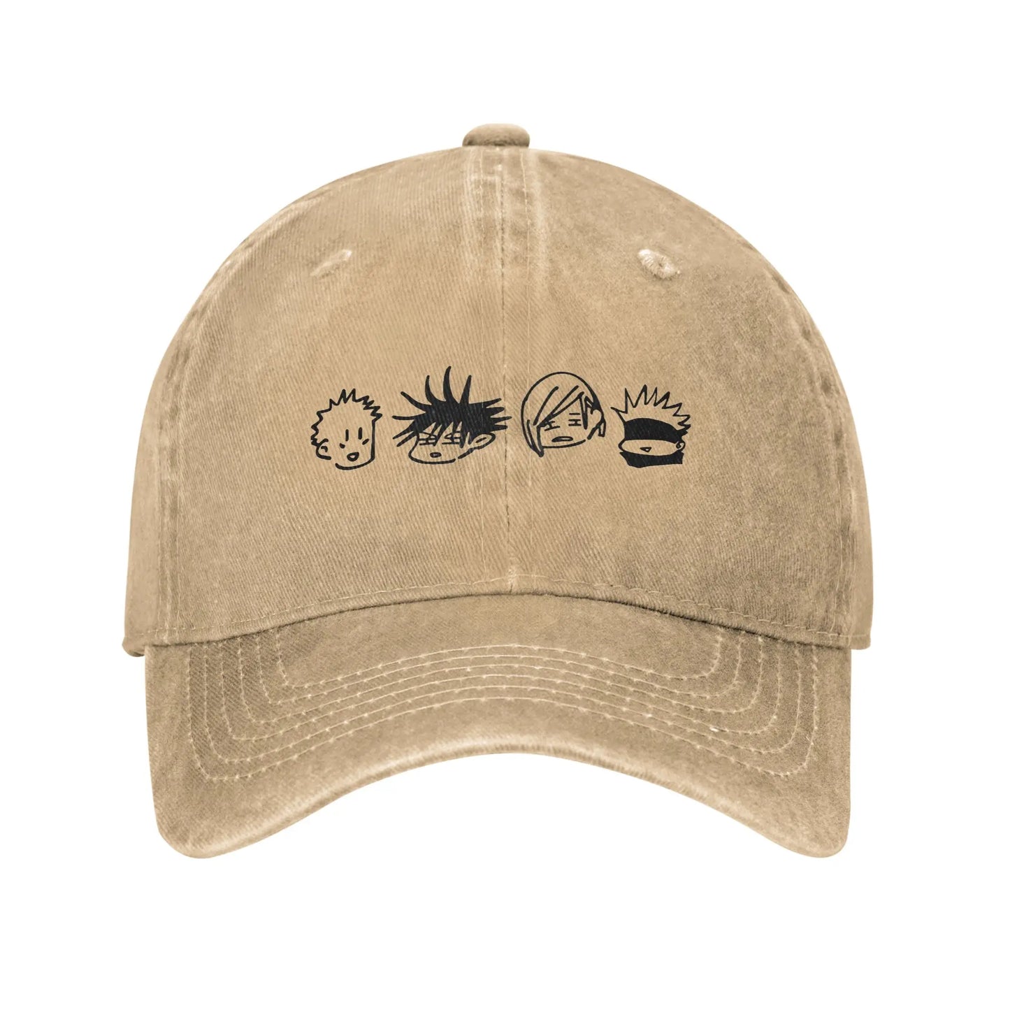 Casquette beige avec broderie noire de personnages style manga, devant