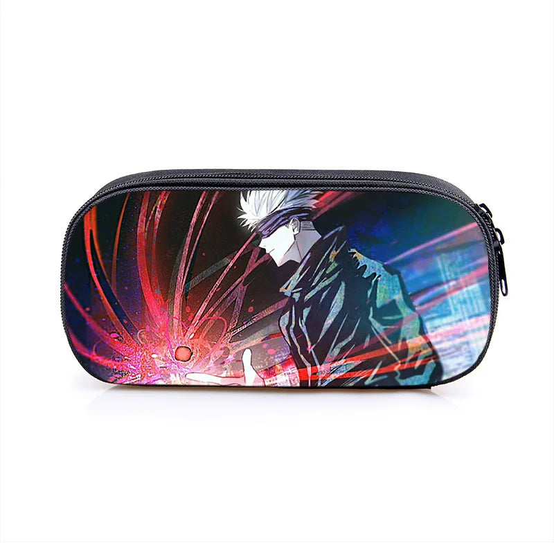 Trousse zippée noire à design Jujutsu Kaisen Limitless, anime rouge et bleu