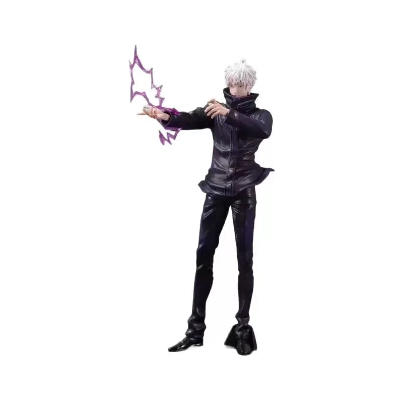 Figurine personnage debout, cheveux blancs, tenue sombre, aura violette devant les bras.