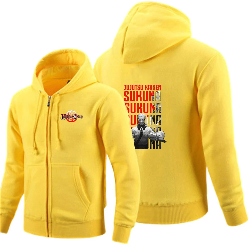Gilet à capuche zippé jaune avec poche kangourou et grand motif au dos