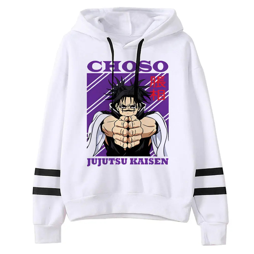Hoodie blanc Jujutsu Kaisen avec imprimé violet Choso, capuche et cordons