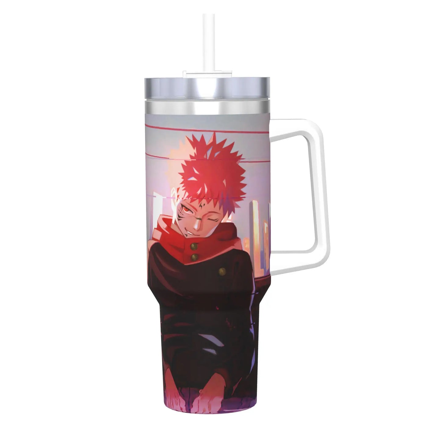 Gourde isotherme Jujutsu Kaisen avec poignée, couvercle argent, visuel Yuji Itadori rouge et noir