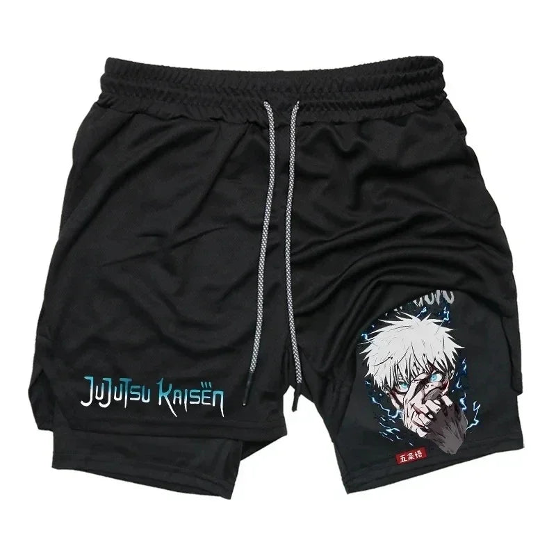 Short noir Jujutsu Kaisen avec cordon, logo turquoise et visuel Gojo bleu sur jambe