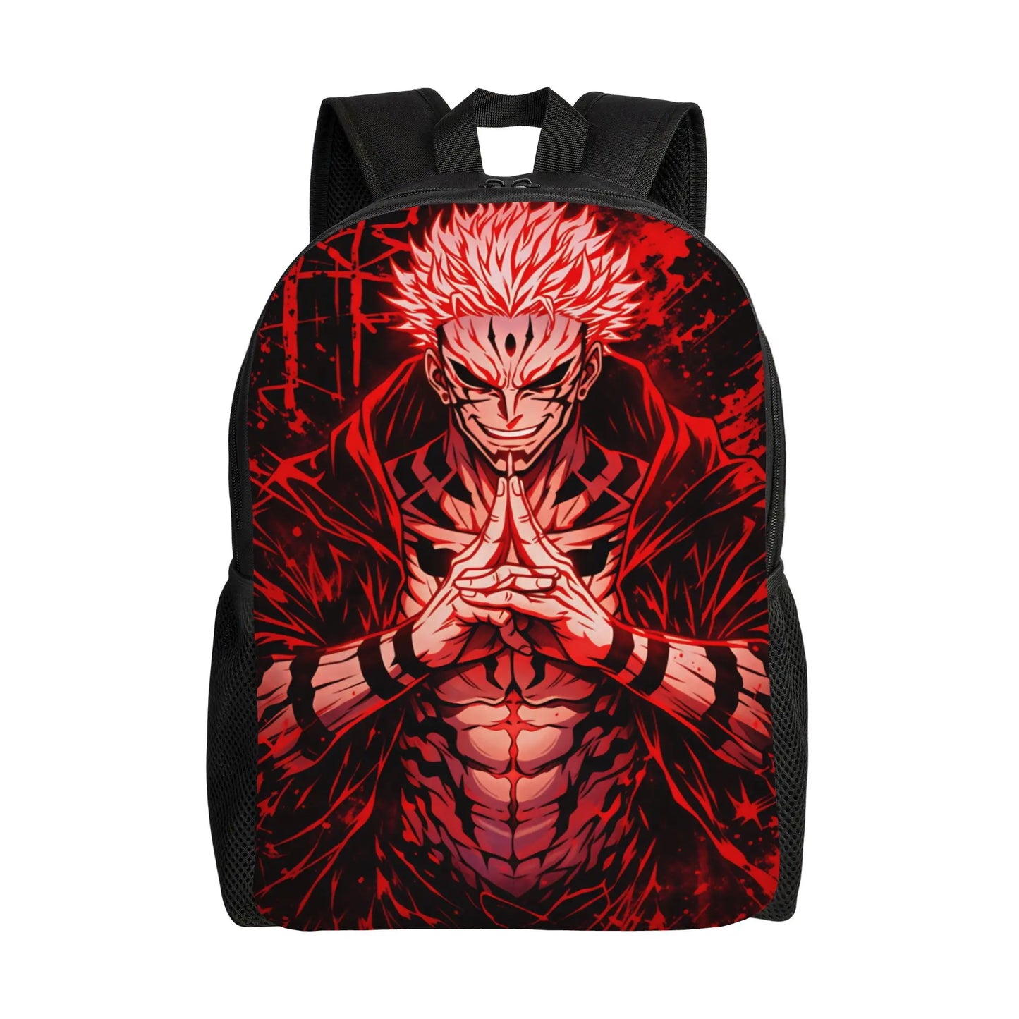 Sac à dos noir à motif rouge Sukuna, mains jointes, bretelles rembourrées
