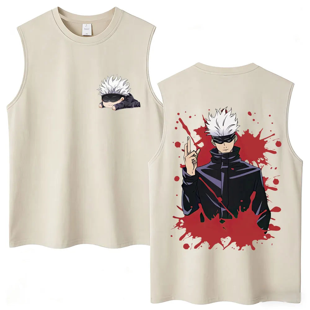 Débardeur Jujutsu Kaisen Gojo beige, illustration chibi sur le devant et grande sur le dos rouge