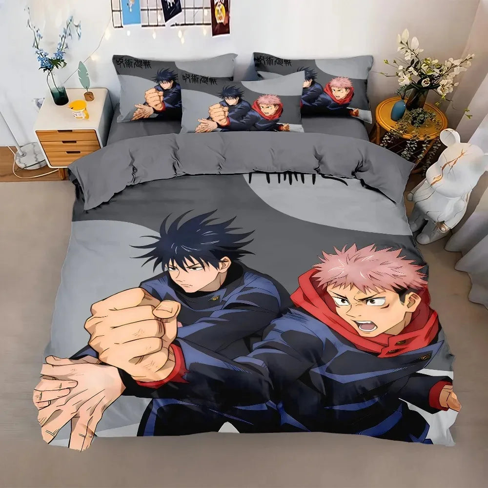 Parure de lit Jujutsu Kaisen Megumi x Yuji, housse gris foncé à motifs personnages